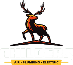 Illustration of a stag with large antlers standing on a roofline above the words “Childers Air Plumbing Electric” in bold white and yellow text.