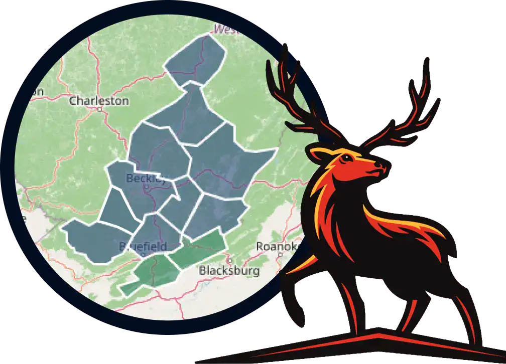 Map highlighting regions in West Virginia with a stylized illustration of a stag in the lower right corner.