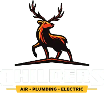 Logo featuring a stylized deer standing on a roof with the text “CHILDERS” and “AIR • PLUMBING • ELECTRIC” below in bold letters.