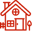 Red line drawing of a house with a round window, rectangular window, door, a fence on the left, and a small tree on the right.