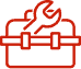 Red outlined icon of a toolbox with a wrench on top, viewed from the front.