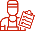 Red outline icon of a person wearing a cap and apron, holding a clipboard with checkmarks and an X mark.
