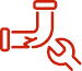 Red outline icon of a broken pipe with a wrench below it, symbolizing plumbing repair or pipe maintenance.
