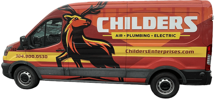 A Childers service van proudly displays our company name, a large deer graphic, our contact phone number, and our website URL.