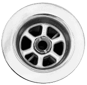 Close-up of a metal sink drain with a circular grate and hexagonal central opening, set in a shiny surface.