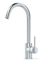 A modern chrome kitchen faucet with a curved spout and a single lever handle on the right side, set against a plain white background.