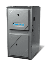 A gray Daikin gas furnace unit with two front panels, standing upright against a plain white background.