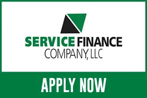 Service Finance Company, LLC logo with a green and black geometric shape above the company name, highlighting flexible finance options for customers. The words “APPLY NOW” appear in white on a green background, inviting you to explore convenient financing plans.