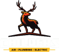 Illustration of a stag with large antlers standing on a roofline above the words “Childers Air Plumbing Electric” in bold white and yellow text.